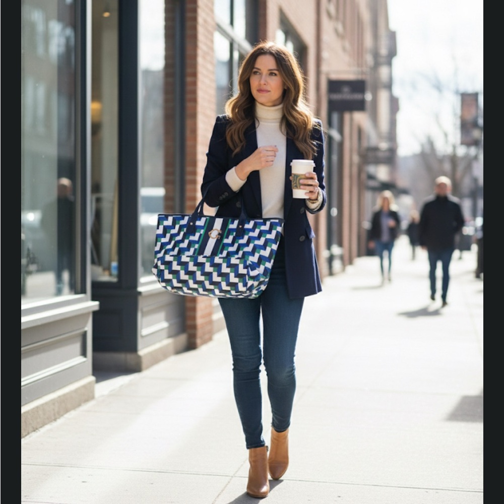 C Wonder new Stylish Geometric Tote Bag - Blue and Green